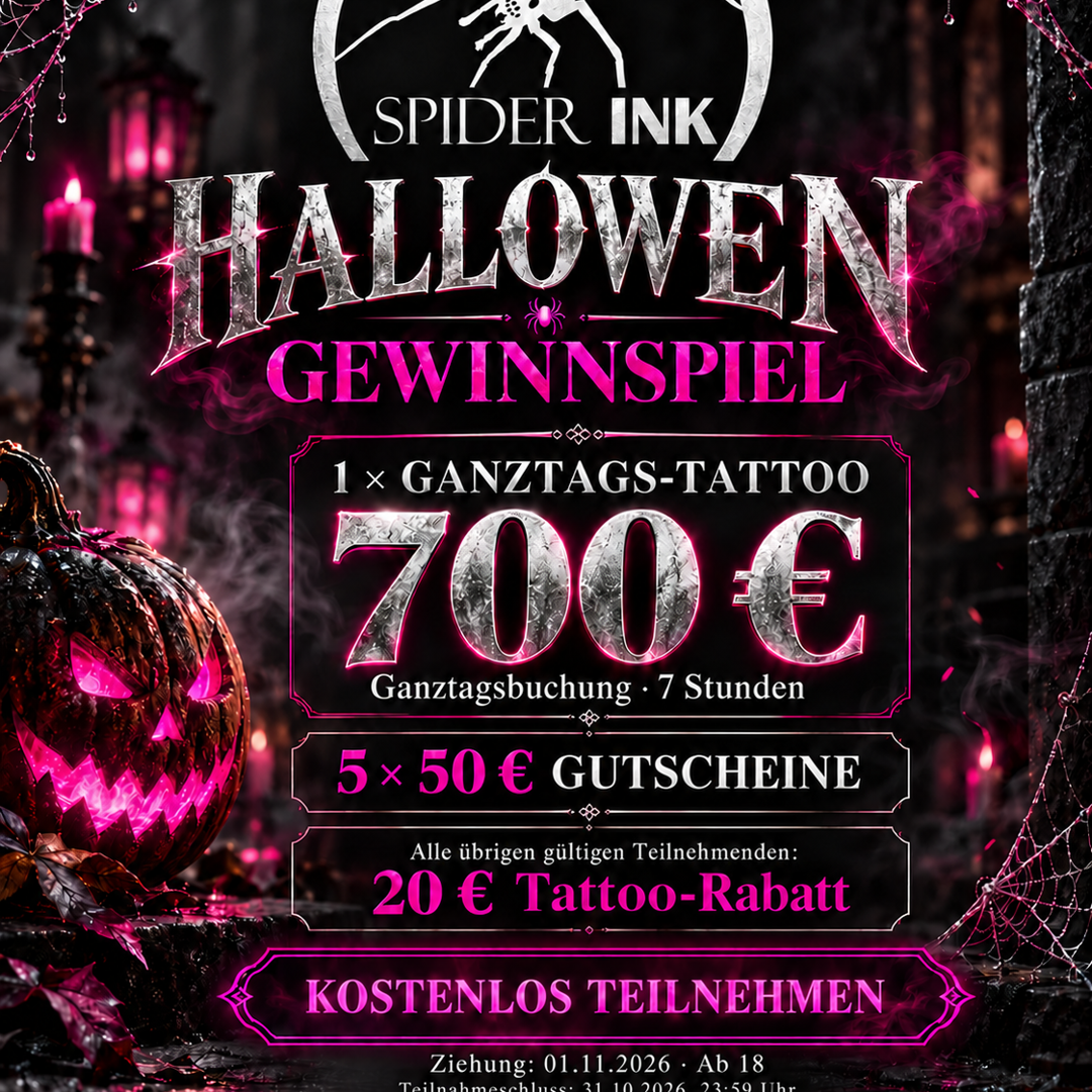 Spider Ink Halloween-Gewinnspiel 2026 Halloween-Gewinnspiel von Spider Ink: 700 Euro Ganztagsbuchung, fünf 50-Euro-Gutscheine und 20 Euro Rabatt für alle übrigen gültigen Teilnehmenden.